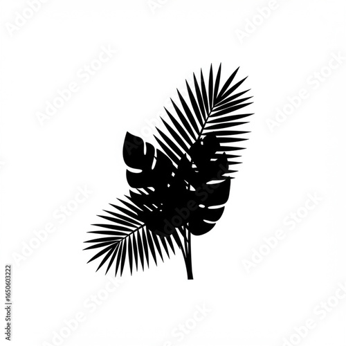 Elegant black silhouette of tropical leaves, featuring monstera and palm fronds in a minimalist botanical art style isolated on white background