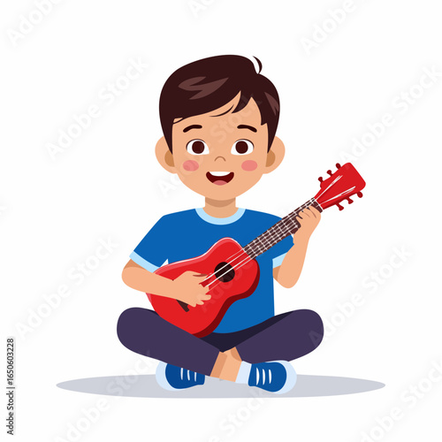 Minimalist flat vector icon of a kid strumming ukulele, symbolizing joyful childhood music hobby.