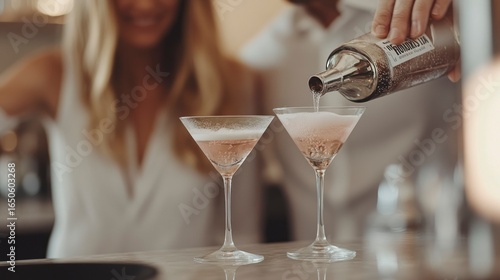 Couple pouring mini martinis into glasses at home bar  
