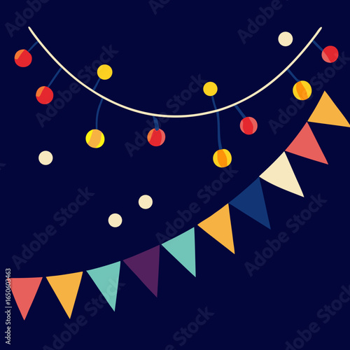 Festive string lights and bunting decorations on a dark blue background
