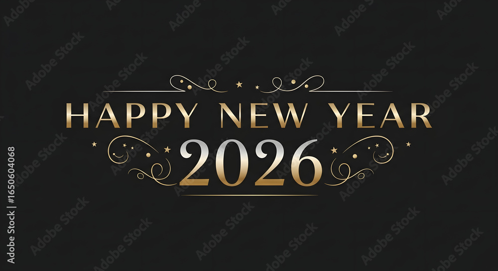 Obraz premium Elegant Happy New Year 2026 Gold Text with Ornate Swirls on a Dark Background.