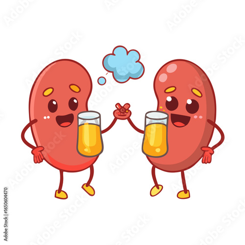 two anthropomorphic kidney characters drunk or tipsy while holding a beer mug representing the effects of alcohol on kidney health