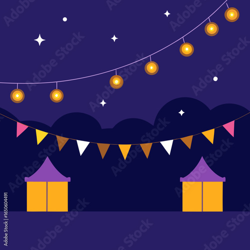 Festive night scene with bunting and string lights above tents