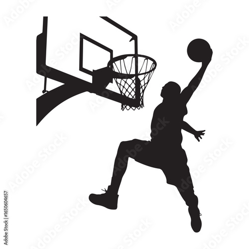 A black silhouette of a basketball player in mid-air performing a slam dunk.