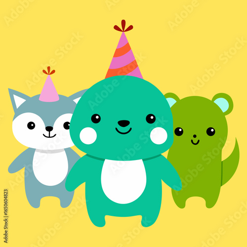 Three cute cartoon animals wearing party hats celebrating