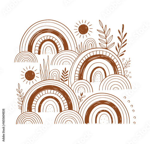 Minimalist Rainbow Hills with Sun and Leaves – Whimsical Boho Landscape Line Art for Modern Home Decor and Abstract Nature Wall Art vector design