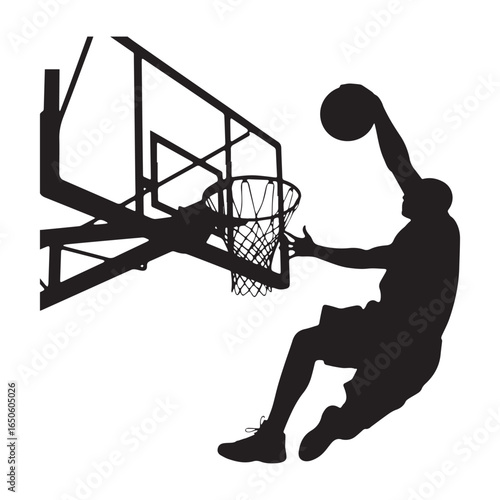 A black silhouette of a basketball player in mid-air performing a slam dunk.