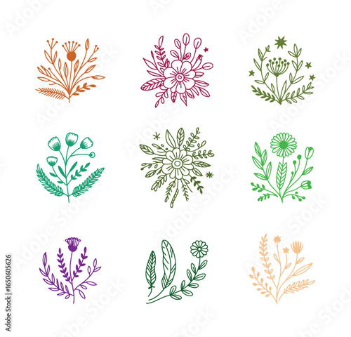 Hand‑Drawn Boho colorful flowers Line Art Bundle | Minimal Botanical Flower & Leaf Illustration Set | Rustic Doodle Flower Elements for Wedding, vector, graphics