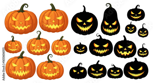Spooky Halloween pumpkins glowing with scary faces, perfect for invitations and decorations, black and orange