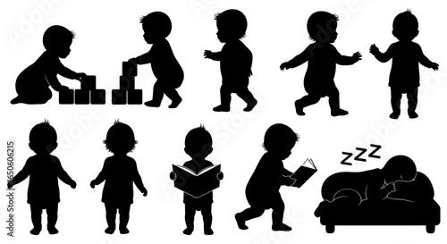 Adorable toddler silhouette set playing with blocks, reading a book, and peacefully sleeping on the couch