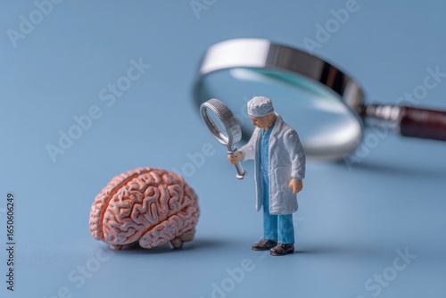 Miniature doctor figure examines a brain model with a magnifying glass on a blue surface A large magnifying glass lies behind them
