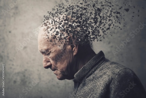 Elderly man with puzzle pieces disintegrating from his head
