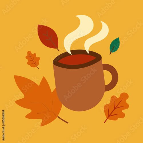 Cozy autumn mug with steaming beverage and falling leaves