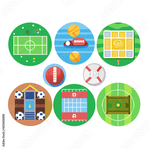 Sport fields soccer baseball cricket yard field basketball badminton tennis volleyball court American Australian football rugby arena indoor outdoor stadium set collection illustration See Less