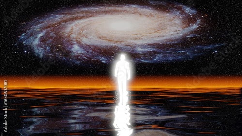 Man walks on the water in the night with a spinning galaxy reflecting 