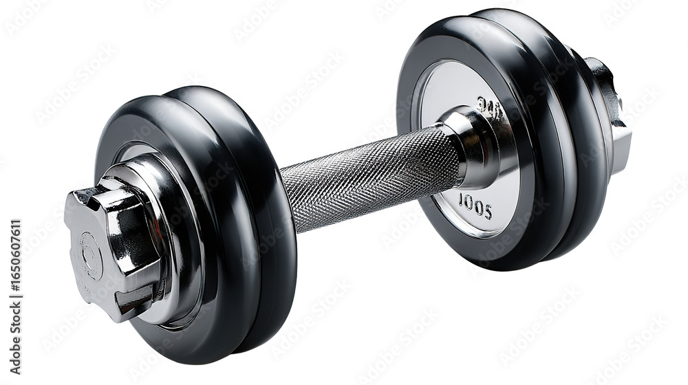 Naklejka premium Dumbbell of Power: A polished black dumbbell, sleek and modern, rests poised, embodying strength and fitness, ready for a workout.