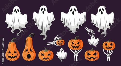 Spooky Halloween ghosts and jack-o'-lanterns for your holiday designs and seasonal promotions this fall