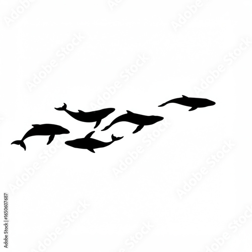 Minimalist pod of black whale silhouettes swimming together in formation, a graphic illustration symbolizing a unified oceanic journey.