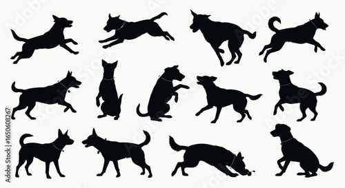 Dynamic dog silhouettes showcase active breeds in various poses for pet product branding or playful designs