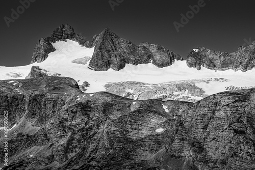 Region Hallstatt Dachstein Salzkammergut with mountain in a sunny day. Horizontal black and white image