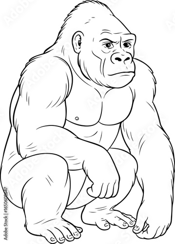 Muscular Gorilla Illustration – Black and White Squatting Pose with Realistic Fur and Defined Anatomy