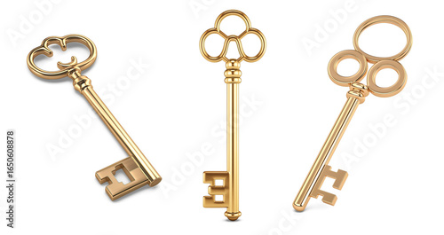 Golden Key Trio: A close-up studio shot highlights three antique golden keys, each with a unique and intricate design, symbolizing opportunity and potential.