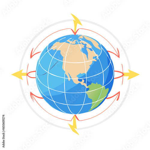 Earth magnetic field globe electromagnetic energy science geophysics education magnet geographical arrows magnetism repel attract direction planet rotation scheme illustration icon ... See More