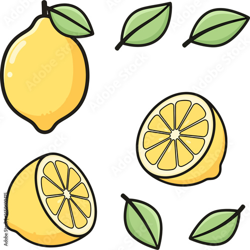 Cartoon vector set of isolated yellow lemon fruits. Fresh whole citrus, juicy sliced halves, and green leaves for healthy food design elements.