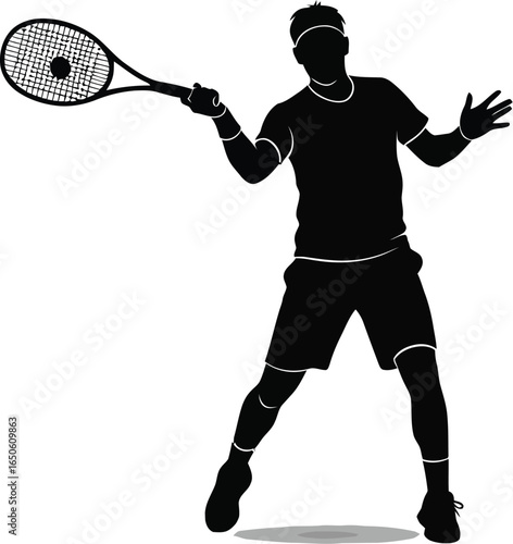 Silhouette of a tennis player in action, , showcasing dynamic movement and energy of sport with a racket in hand, ready to serve