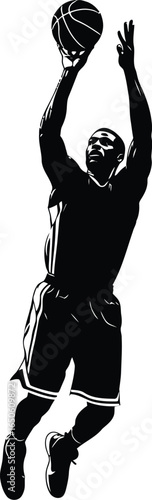 Silhouette of a basketball player jumping to shoot, capturing action, skill, and athleticism of game and competitive spirit