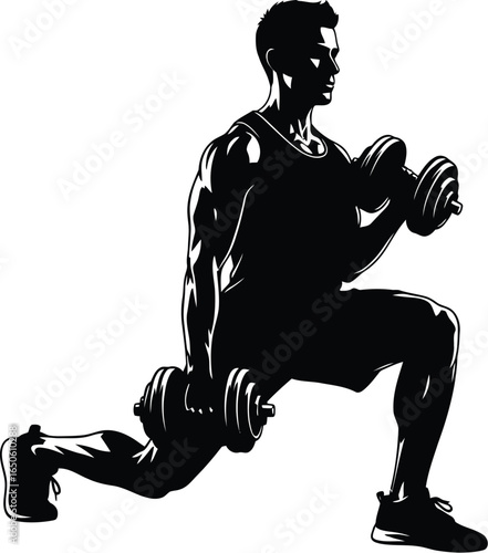 Silhouette of a muscular man doing lunges with dumbbells, , representing fitness, strength training, and a healthy lifestyle