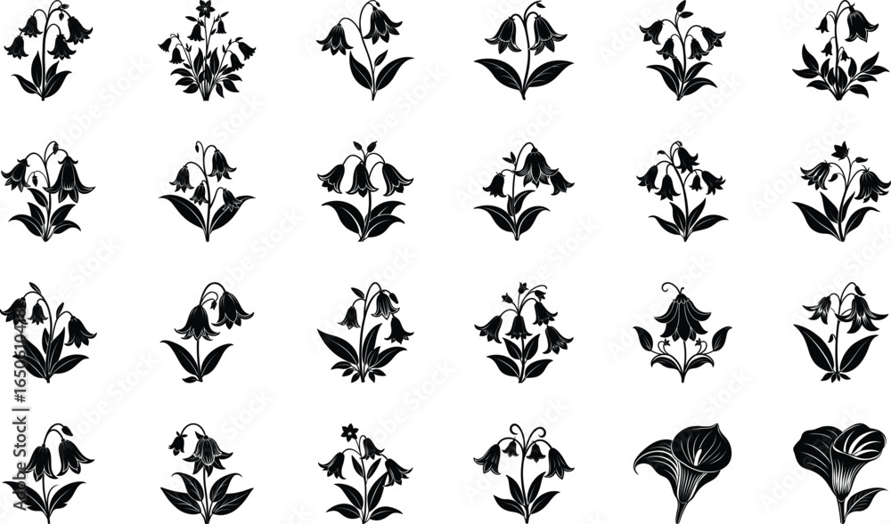 Fototapeta premium Black Floral Silhouette Vector Icons Set – Decorative Botanical Flower Clipart Bundle for Logos, Patterns, Invitations, and Digital Art