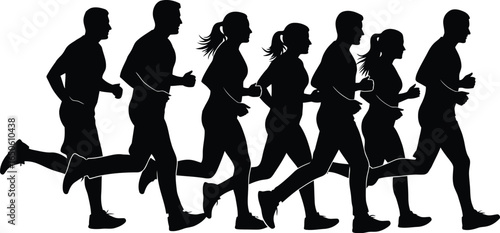 Silhouette of a group of people running, captures energy, teamwork, and determination of a running event in a simple image