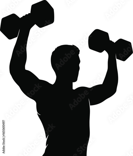 Silhouette of a man lifting dumbbells, illustrating strength training and fitness with a focus muscle building and healthy lifestyle