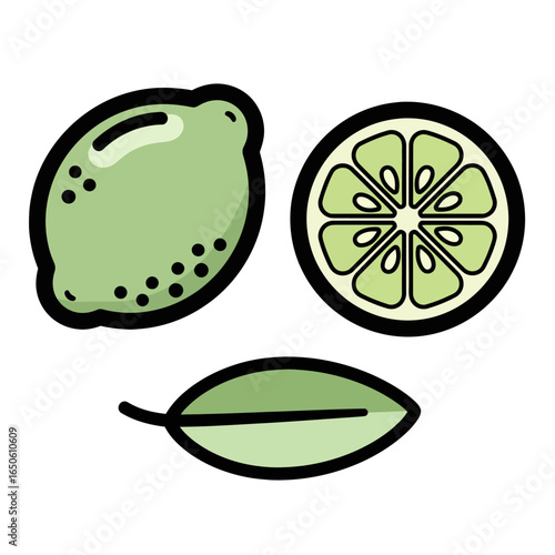 A simple vector icon set of a lime fruit, featuring a whole citrus, a cross-section slice, and a single leaf in a bold graphic style.