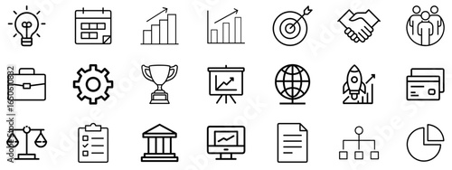 Business and Management Line Icons Set Comprehensive Collection of Professional Management, Strategy, Leadership, Teamwork, and Corporate Icons for Presentations, Websites