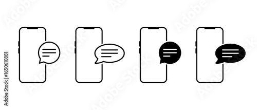 Smartphone chat icon set. Message bubble on mobile phone screen symbol