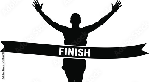 Silhouette of a runner crossing finish line with arms raised in victory, celebrating success