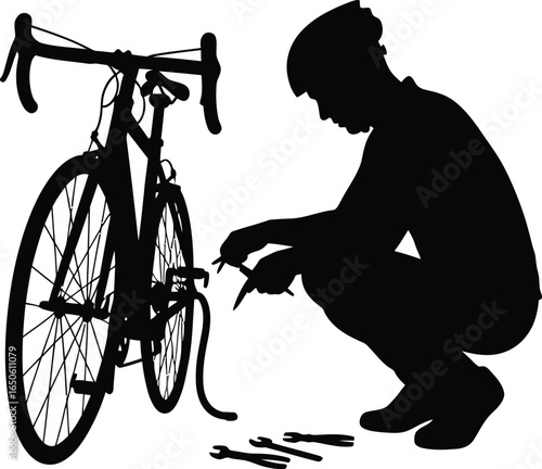 A silhouette of a man repairing a bicycle, using tools to fix tire, showcasing maintenance, skill, and intersection of sport and technology