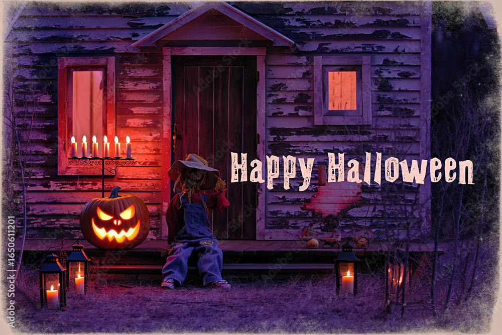 Obraz premium Vintage rustic Halloween scene with a spooky scarecrow and glowing jack-o'-lantern