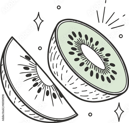 A juicy slice of fresh kiwi fruit on a white background, highlighting its vibrant green color and healthy nature