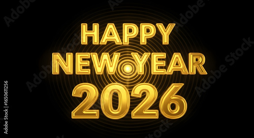 Happy New Year 2026 Golden Text with Circular Light Background.