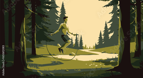 Athlete skipping rope amidst a peaceful forest landscape, enveloped by trees and a winding stream
