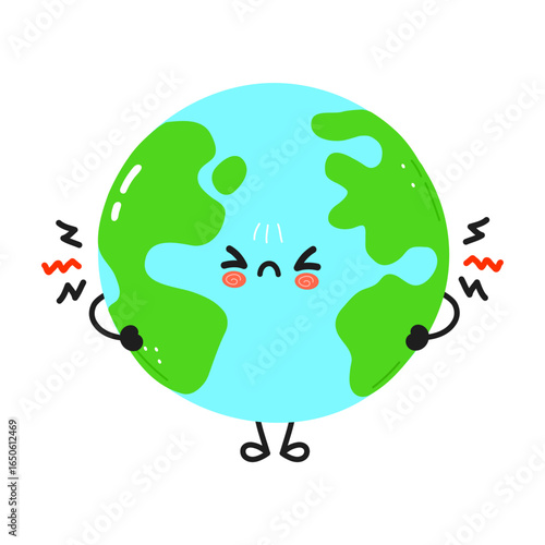 A cartoon Earth character looking stressed and sad about environmental issues.