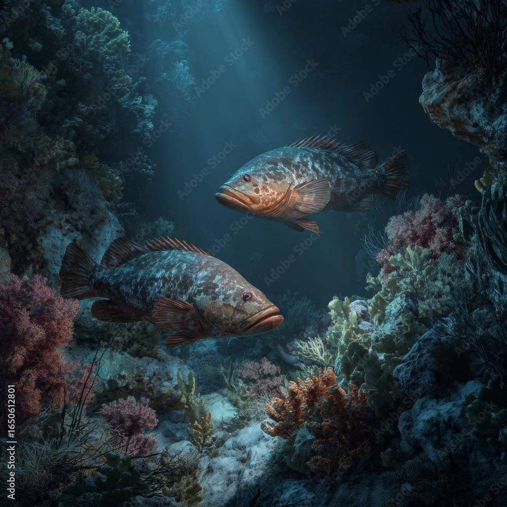 Obraz premium Underwater Scene with Two Fish Swimming Among Coral Reefs