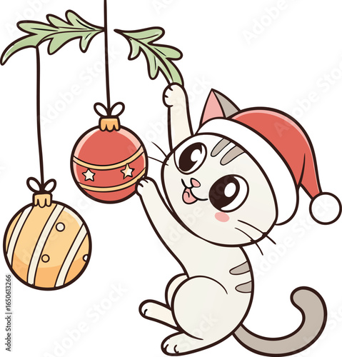 A funny, cartoon Christmas cat with a red apple and a fresh green cherry smiles happily, a cute fruit illustration for a holiday vector character