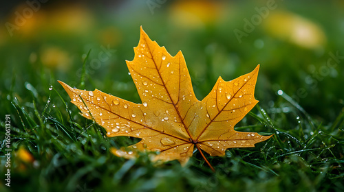 A vibrant yellow maple leaf with water droplets rests on lush green grass.