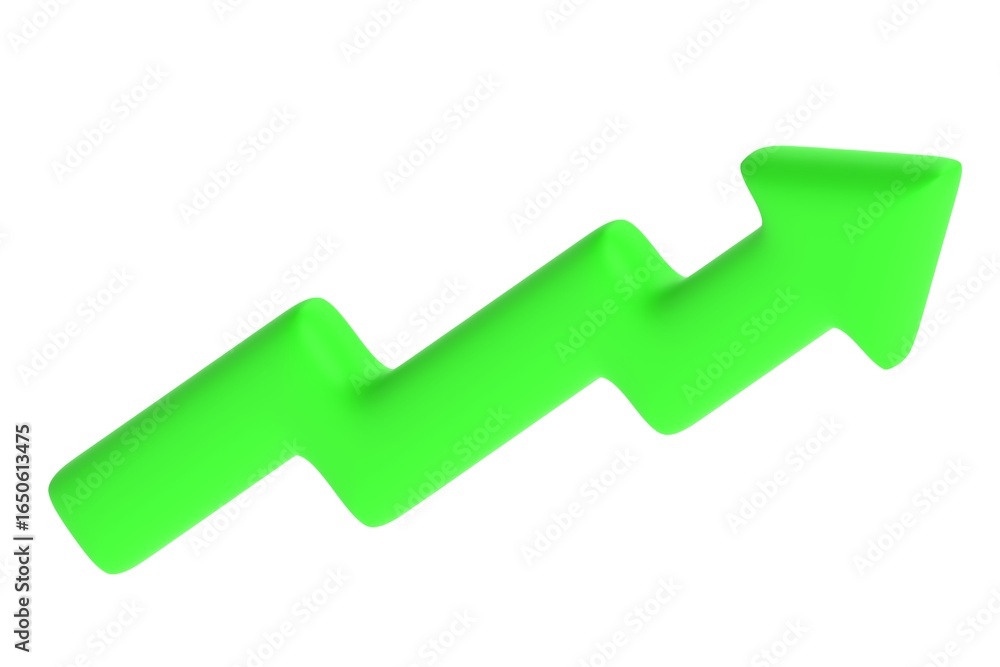 3D bright green zigzag arrow pointing upward on white background, symbolizing growth, financial rise, business success, profit increase, and positive market trends. 3D bright green zigzag arrow pointing upward on white background, symbolizing growth, financial rise, business success, profit increase, and positive market trends.