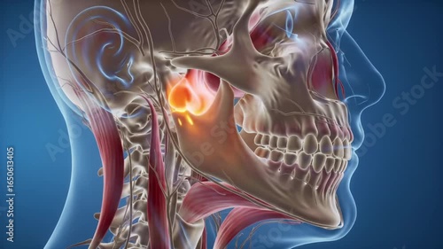 3D anatomical side view jaw joint inflammation glowing animation, slow jaw movement, nerve response