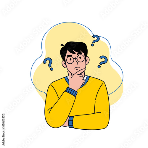 Flat Style Pensive Man with Question Marks Character Illustration